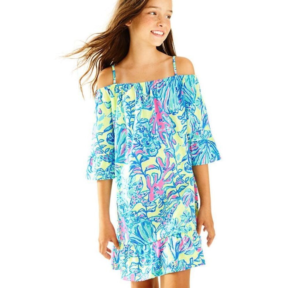 Lilly Pulitzer Girls Jaci Dress Coral Beach Cold Shoulder Vibrant Cotton Size L